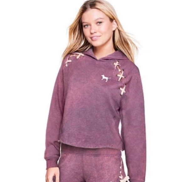 PINK Victoria’s Secret Purple Cropped Lace-Up Hoodie | Size Medium - Picture 3 of 10